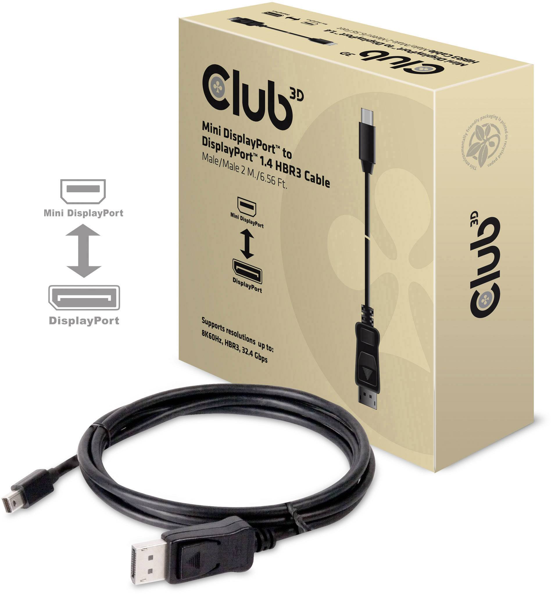 Mini DisplayPort til DisplayPort 1.4 kabel; 1,8 m længde; Emballage viser kabel, understøtter 8K-opløsning, HDR, 32,4 Gbps båndbredde.