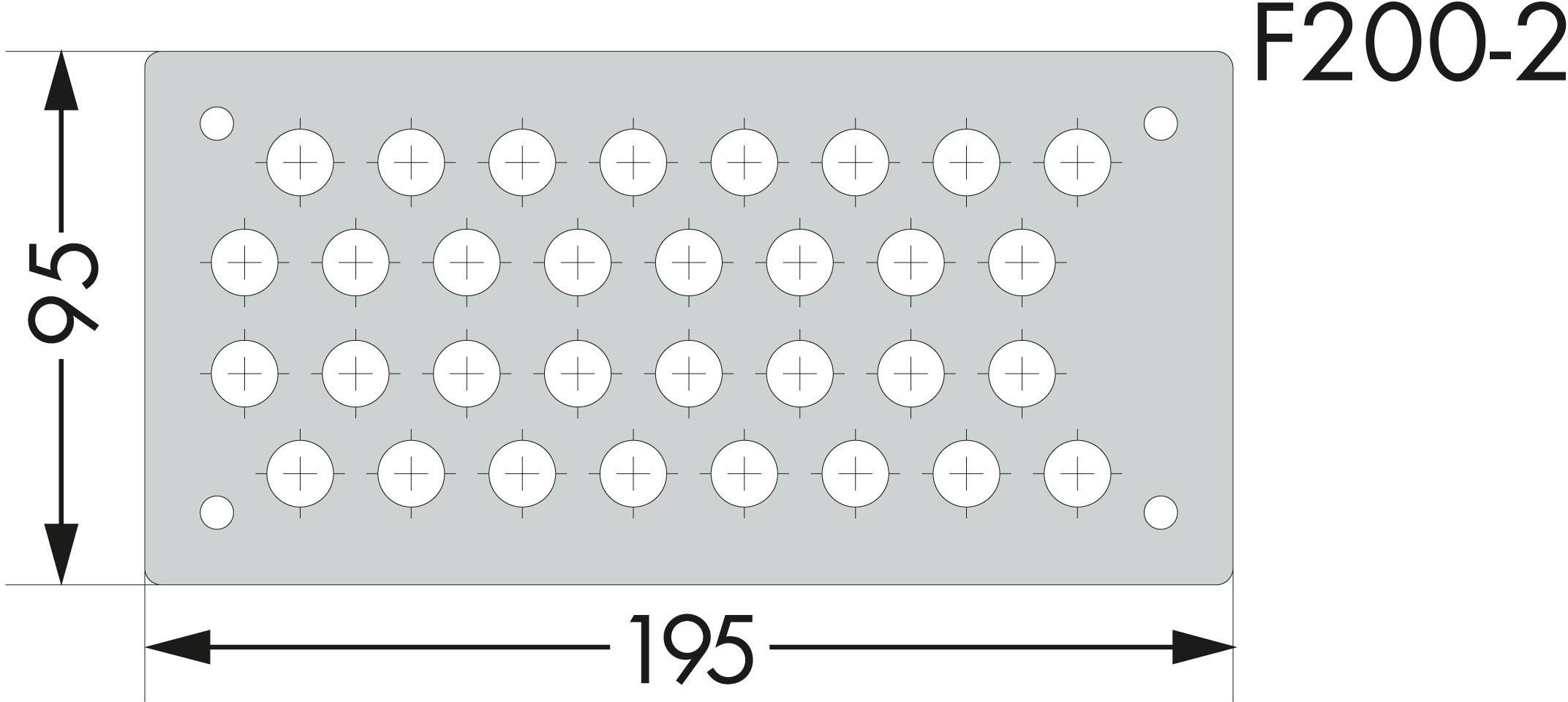 Metalplade med 32 runde huller i et 4x8-mønster, dimensioner 195x95 mm, modelnummer 'F200-2'.