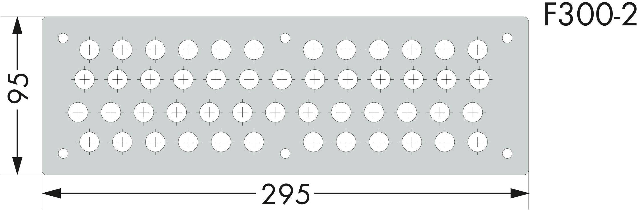 'F300-2: Rektangulær ventilationsgitter med 48 huller, dimensioner 295 mm x 95 mm. Set oppefra.'