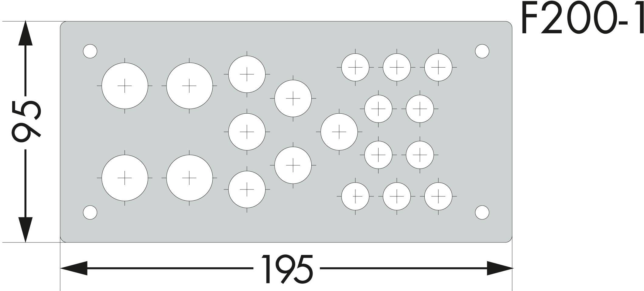 Rektangulær metalplade med flere runde huller og mål: Bredde 195 mm, højde 95 mm. Tekst 'F200-1' øverst til højre.