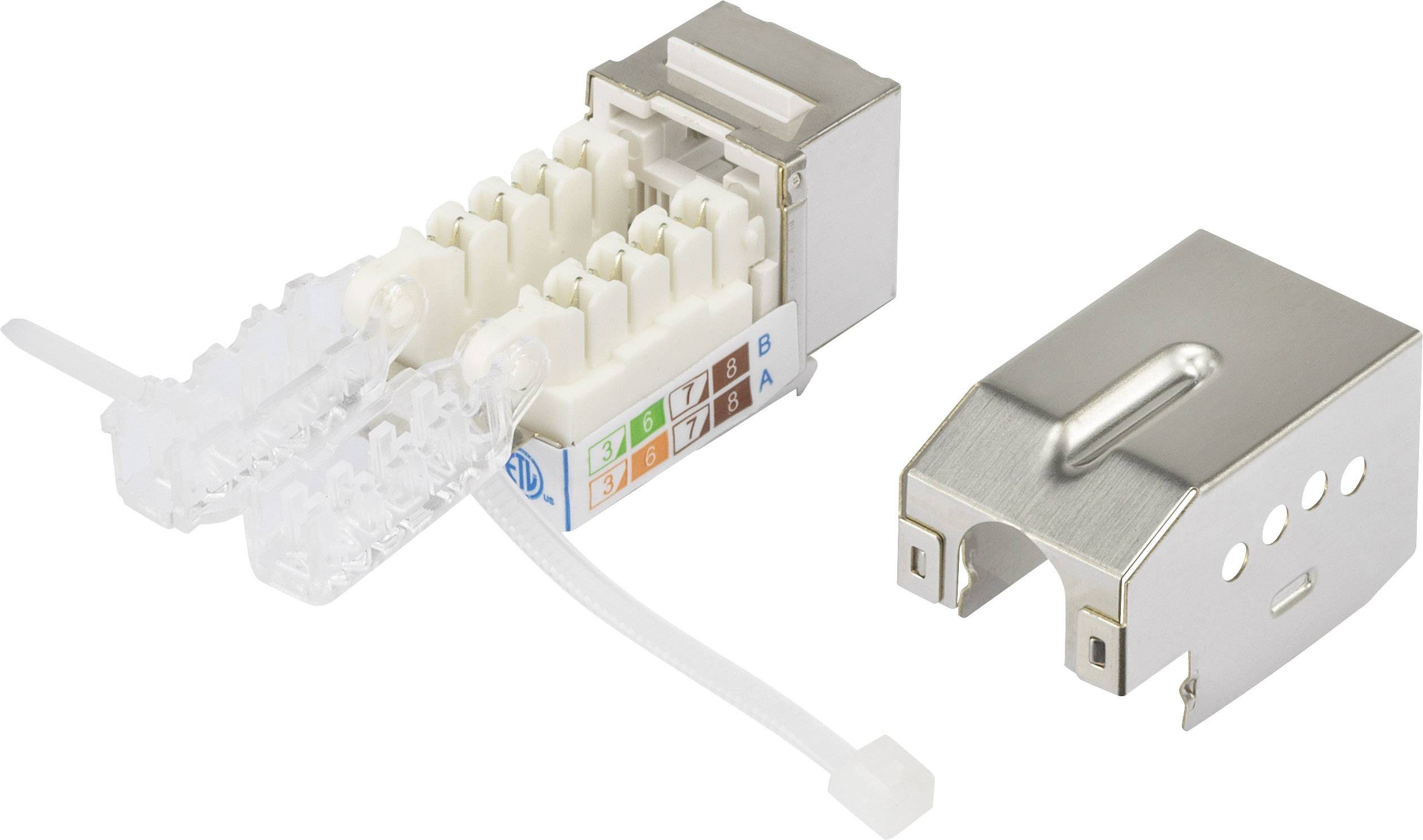 Metallisk Keystone-modul med aftagelig kabelstyringsystem. Egnet til netværksforbindelser. Monteringsmateriale synligt.