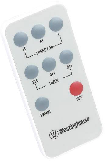 Hvid fjernbetjening med blå og en rød knap; mærket med 'Westinghouse'. Funktioner: Hastighed, Timer, Sving, Sluk.