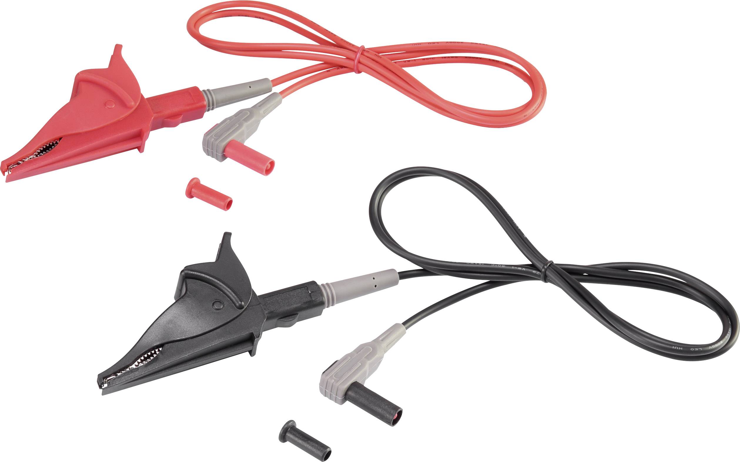 Rødt og sort krokodilklemme-sæt med kabler og tilslutningsstykker, egnet til test af elektriske forbindelser.