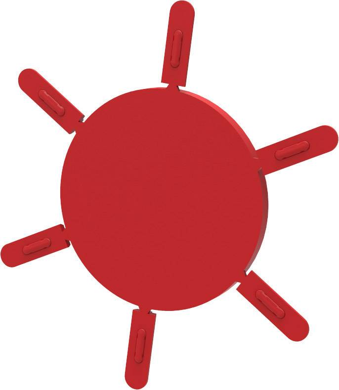 Rødt geometrisk objekt i form af en sol med seks ovale stråler.
