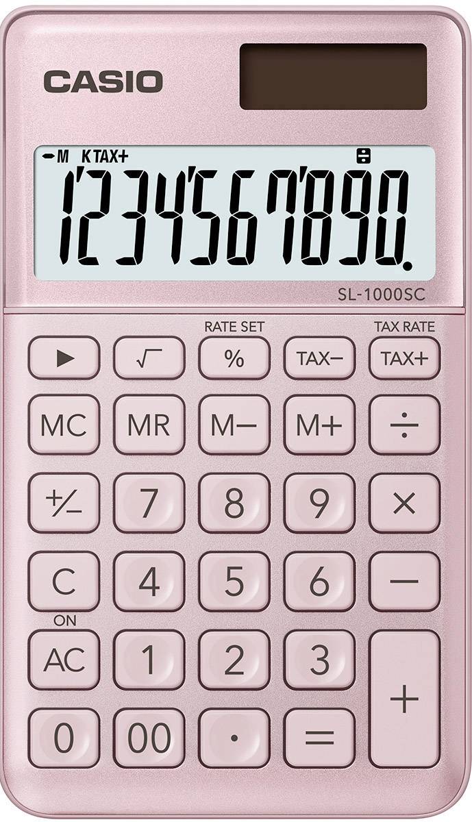 Rosa Casio-lommeregner, model SL-1000SC. Viser tal fra 1 til 0 på displayet. Indeholder taster til grundlæggende funktioner og momssatser.
