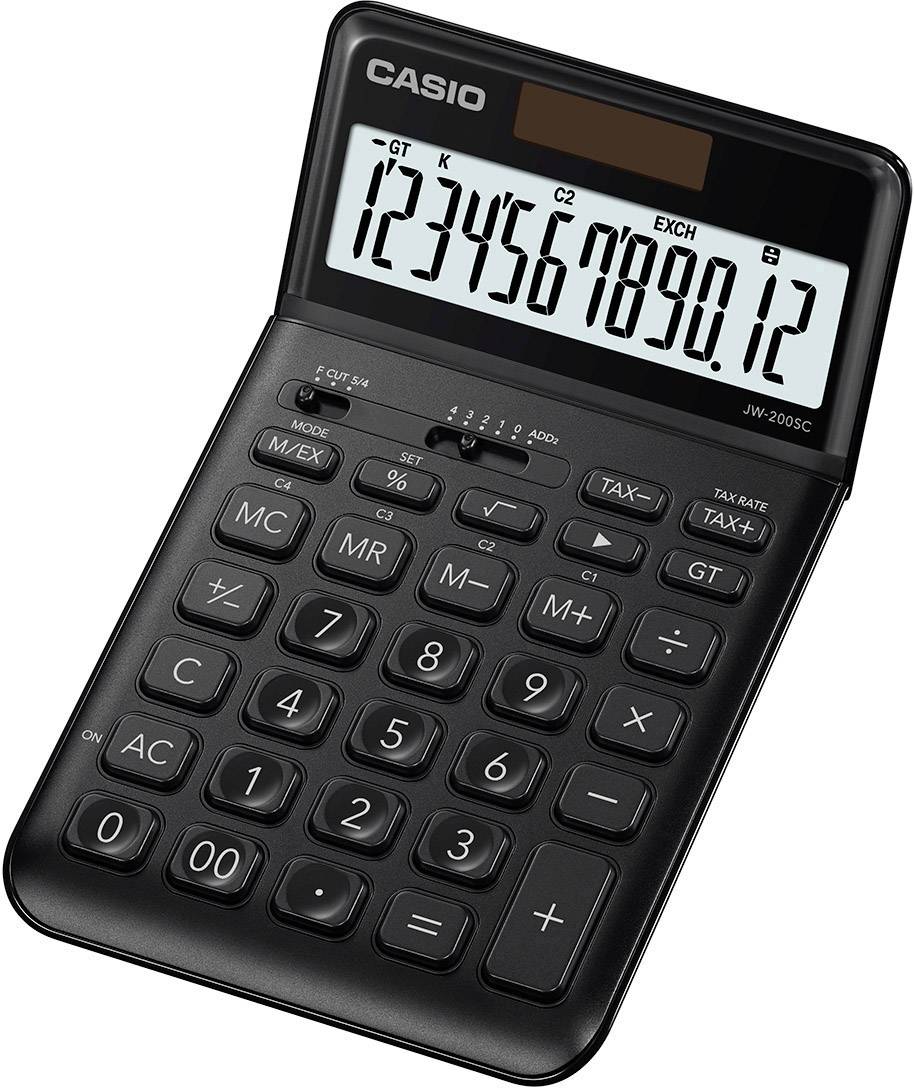 Sort lommeregner med stort display viser tallene '1234567890,12'. Varemærke øverst, funktioner til skatteberegning.<br><br>Note: I replaced the decimal point with a comma, as this is standard in Danish number formatting.