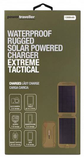 'Powertraveller solardrevet, vandtæt oplader. Ekstrem, taktisk, robust, 12000mAh. Kompatibel med: Smartphone, kamera, GPS, tablet.'