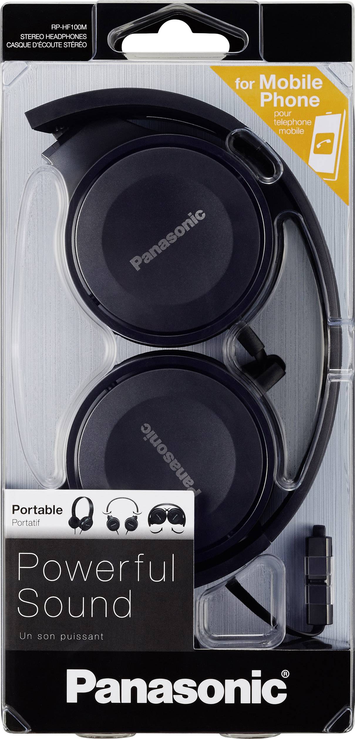 Sammenfoldelige Panasonic-hovedtelefoner til mobiltelefoner. Tekst: 'Kraftfuld Lyd' og 'Transportabel'. Sort, kompakt design.