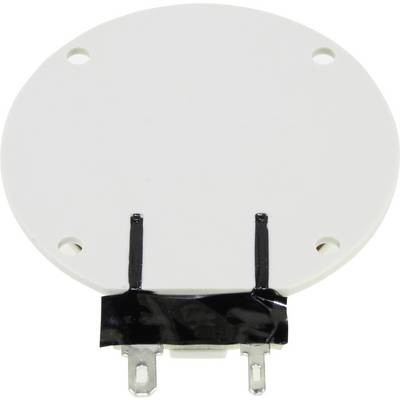 En elektrisk komponent med et rundt, fladt hus og to tilslutningsstifter, isoleret ved et sort bånd på undersiden.