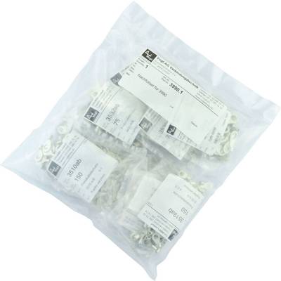 En plastikpose med hvide metalkabler med øjer, mærket med producentoplysninger og produktnumre.
