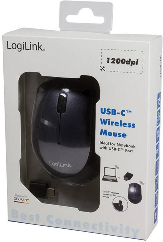 Trådløs USB-C-mus fra LogiLink i emballage, ideel til notebooks med USB-C-port, 1200 dpi, inkl. USB-C-modtager.