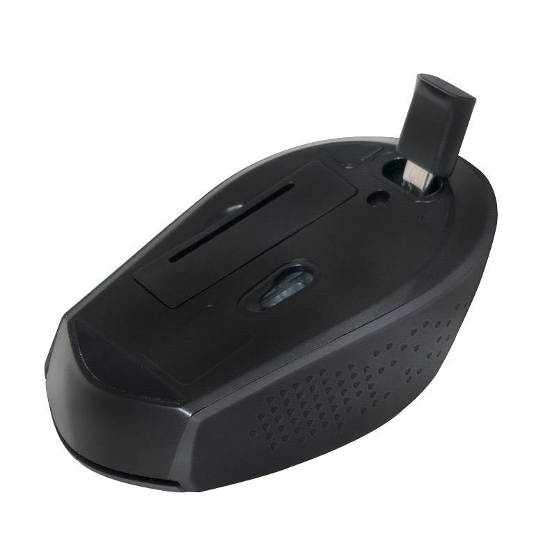 Et sort computermus set fra undersiden, som viser musehjulet, batterirummet og USB-modtageren til trådløs forbindelse.