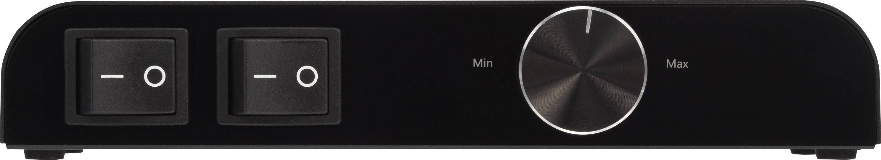 Sort apparatfront med to vippekontakter og en stor lydstyrkeregulator, mærket med 'Min' og 'Max'.