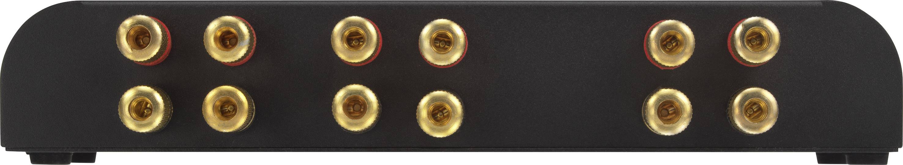 Sort forstærker-terminal med otte guldfarvet højttalerstik i to rækker, hver med fire stik.