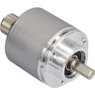 Metalagtig sensor eller aktuator med cylindrisk hus og fremstående aksel, muligvis til industrielle anvendelser.