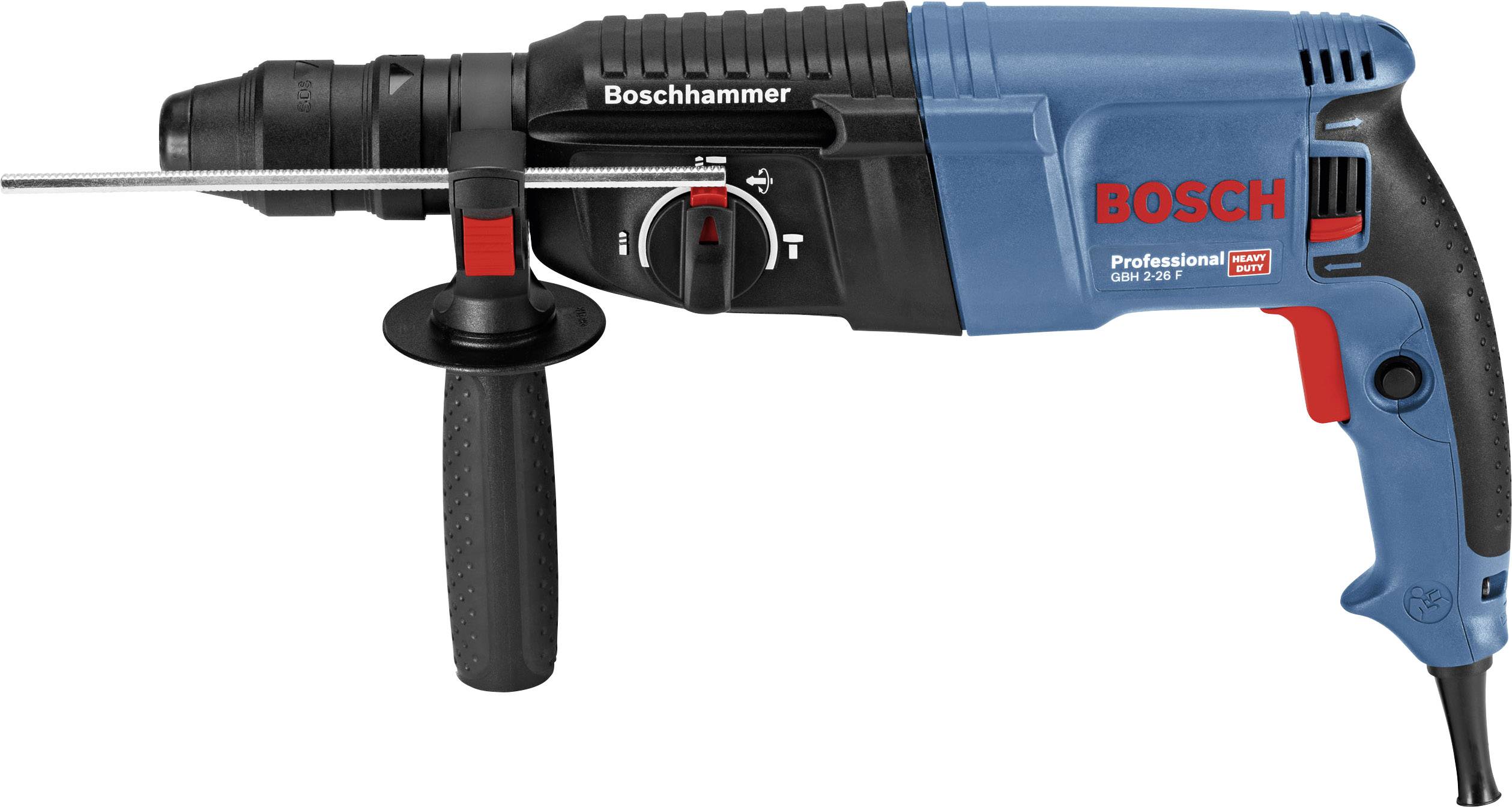 En blå Bosch-boremaskine med sort greb og rød kontakt, hvorpå der står 'Boschhammer' og 'Professional'.