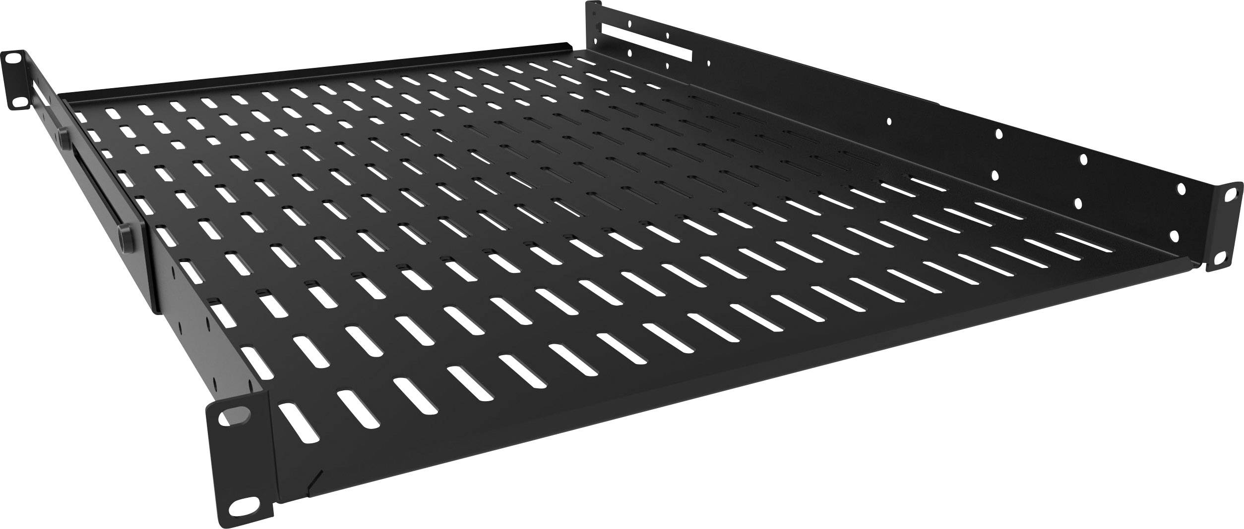 Metalreol med ventilationshuller, egnet til montering i et serverrack.