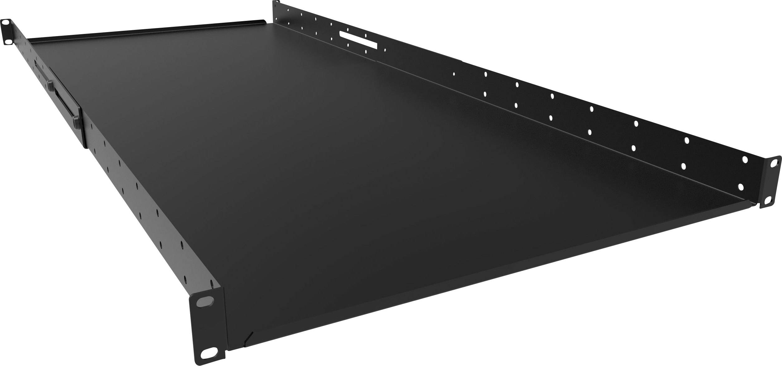 Sort justerbart metalstativ til serverrack, med huller til fleksibel monteringstilpasning.