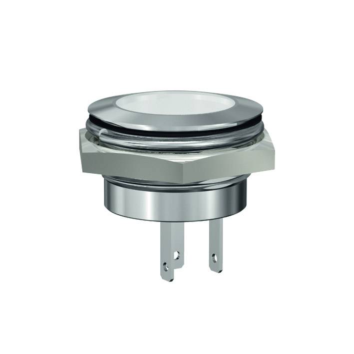 En sølvfarvet metalknap med to tilslutninger. Knappen har en glat, plan overflade og er beregnet til indbygning i enheder.
