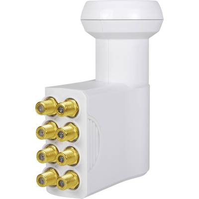Hvid LNB med otte guldfarvede F-stik, hørende til satelmodtageanlægget.