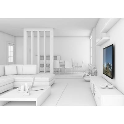 Stue holdt i hvidt, med en moderne sofa, et sofabord, et tv på væggen og et spiseområde i baggrunden.