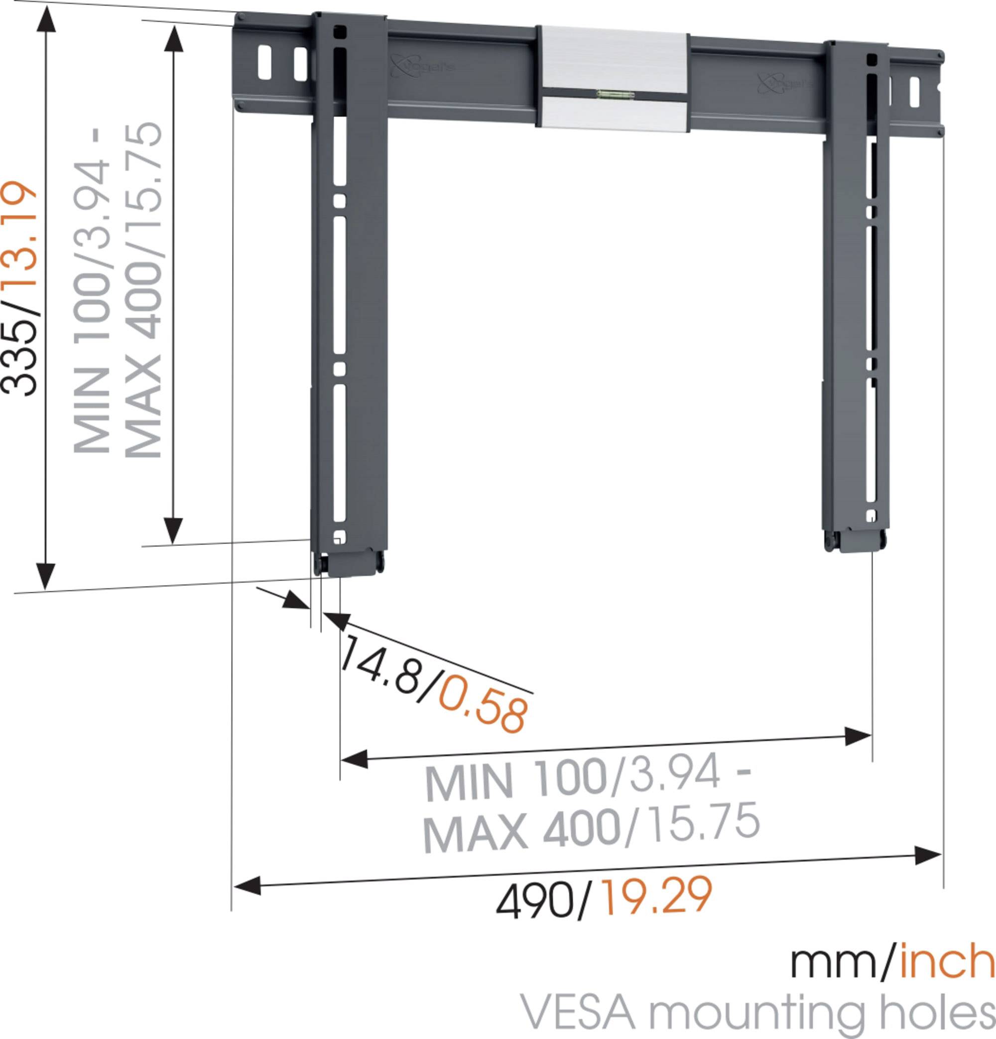 VESA-monteringshuller Diagram viser dimensioner: Højde 335 mm/13,19 tommer, bredde 490 mm/19,29 tommer; variabel dybde 100-400 mm/3,94-15,75 tommer.