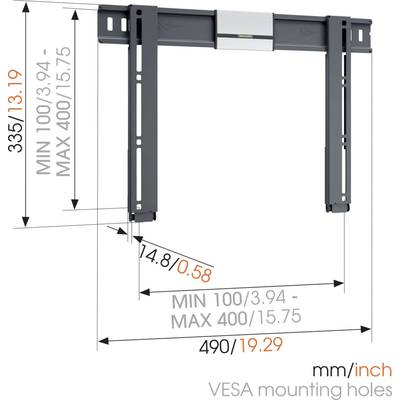 VESA-monteringshuller Diagram viser dimensioner: Højde 335 mm/13,19 tommer, bredde 490 mm/19,29 tommer; variabel dybde 100-400 mm/3,94-15,75 tommer.
