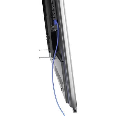 Visning af en monitor set fra siden med et blåt netværkskabel sat i dets stik. Flere USB-porte er synlige.