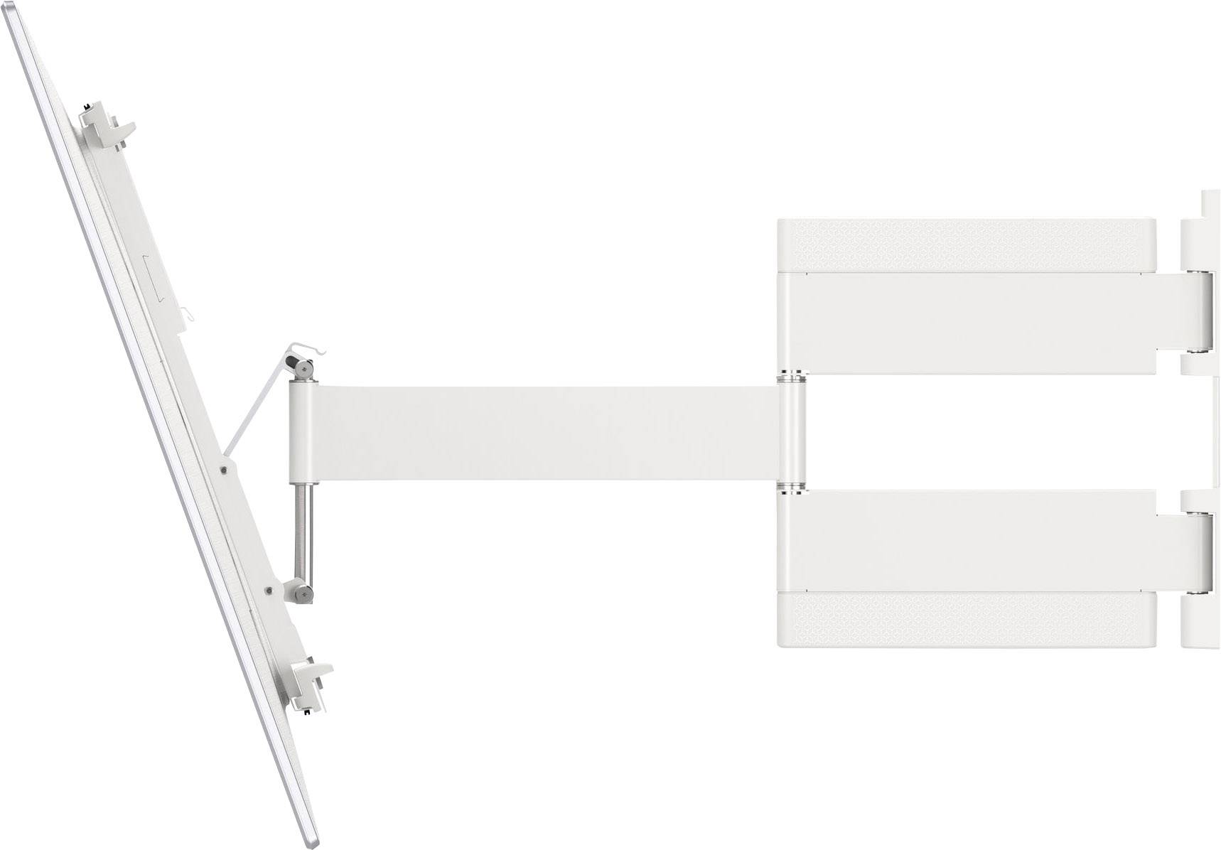 En justerbar hvid vægmonteret arm, der kan holde en skærm i forskellige vinkler og drejepositioner.