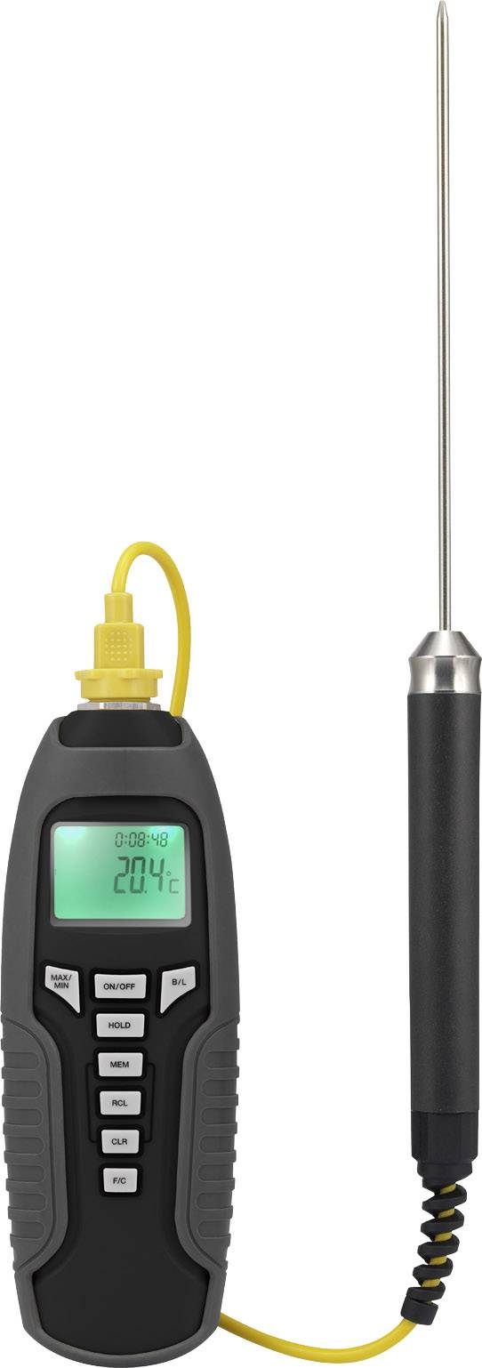 Et digitalt termometer med sonde, viser 20,4 grader Celsius på en grøn skærm. Egnet til temperaturmålinger.