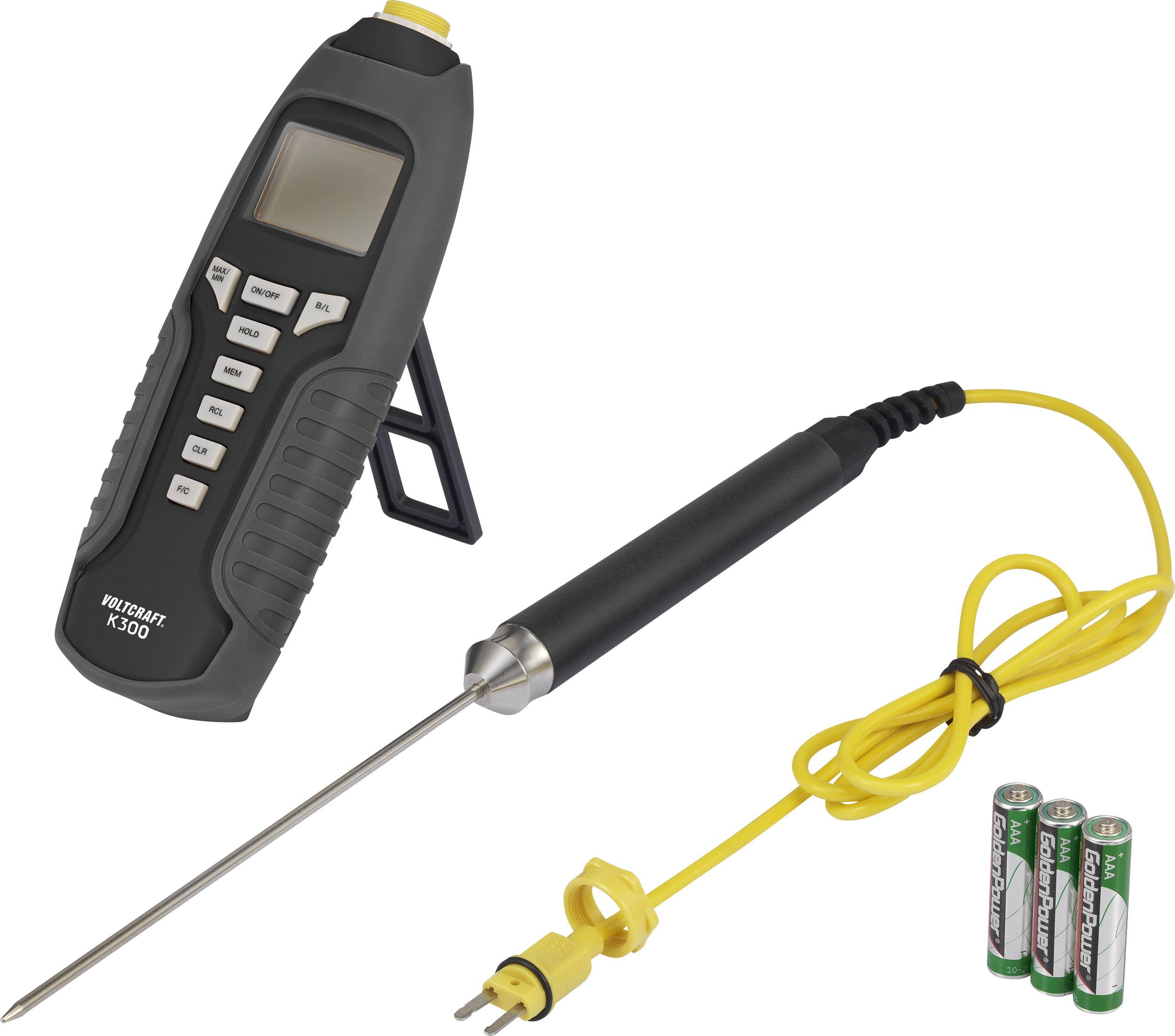 Håndholdt måleenhed med digitalt display til temperaturmåling, leveret med sonde og to AA-batterier. Velegnet til præcise miljømålinger.