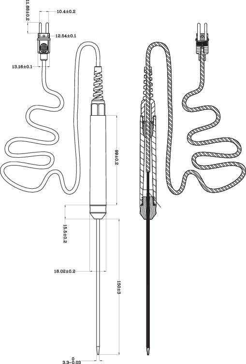 Teknisk tegning af et sonde-termometer, der viser sido- og frontvisning med detaljerede mål og kabelstik.