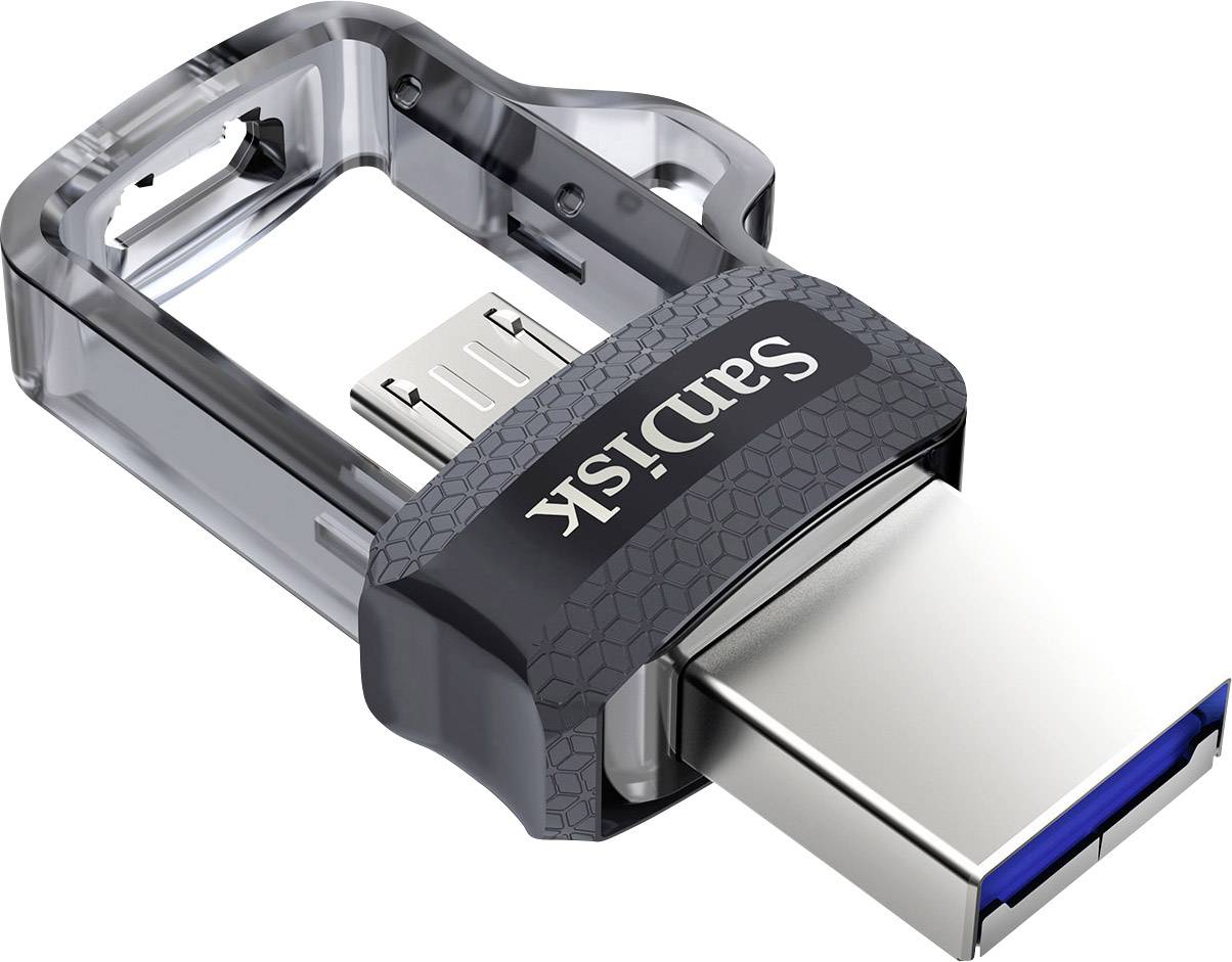 Et USB-flashdrev med et gennemsigtigt kabinet, der kombinerer en USB-port og en Micro-USB-port.