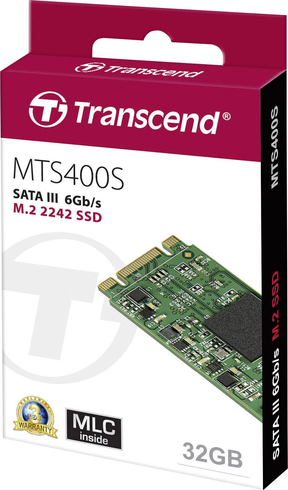 Emballage til en 'Transcend MTS400S' M.2 2242 SSD med 32GB, SATA III 6Gb/s. Billede viser tekniske specifikationer og garantioplysninger.