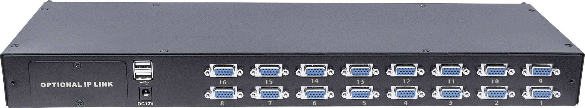 Et sort 16-ports rack-monterbart netværksswitch med VGA-stik på forsiden, mærket fra 1 til 16, vises.