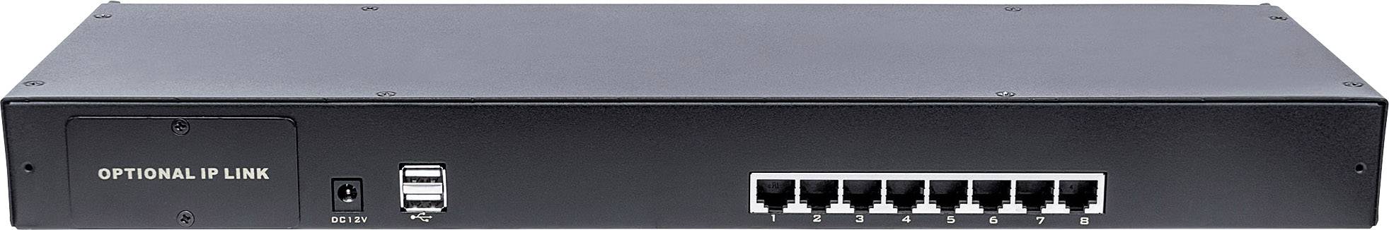 En sort netværksswitch med otte Ethernet-porte, tænd/sluk-knap på venstre side og et valgfrit IP-link-stik.