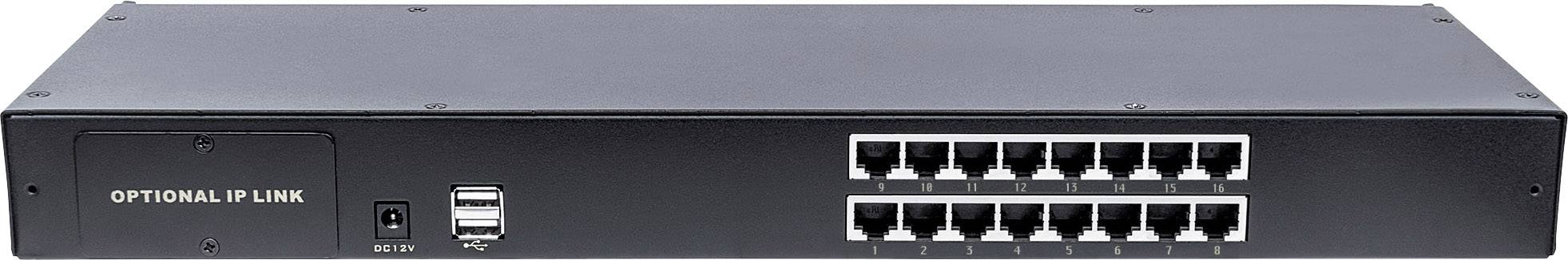 En sort, rektangulær netværksswitch med 16 Ethernet-porte på forsiden. Til venstre er der en kontakt og to USB-stik.