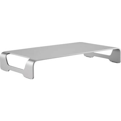 En sølvfarvet monitorholder i metal med rektangulær overflade og sidehåndtag, som hjælper med ergonomisk placering.