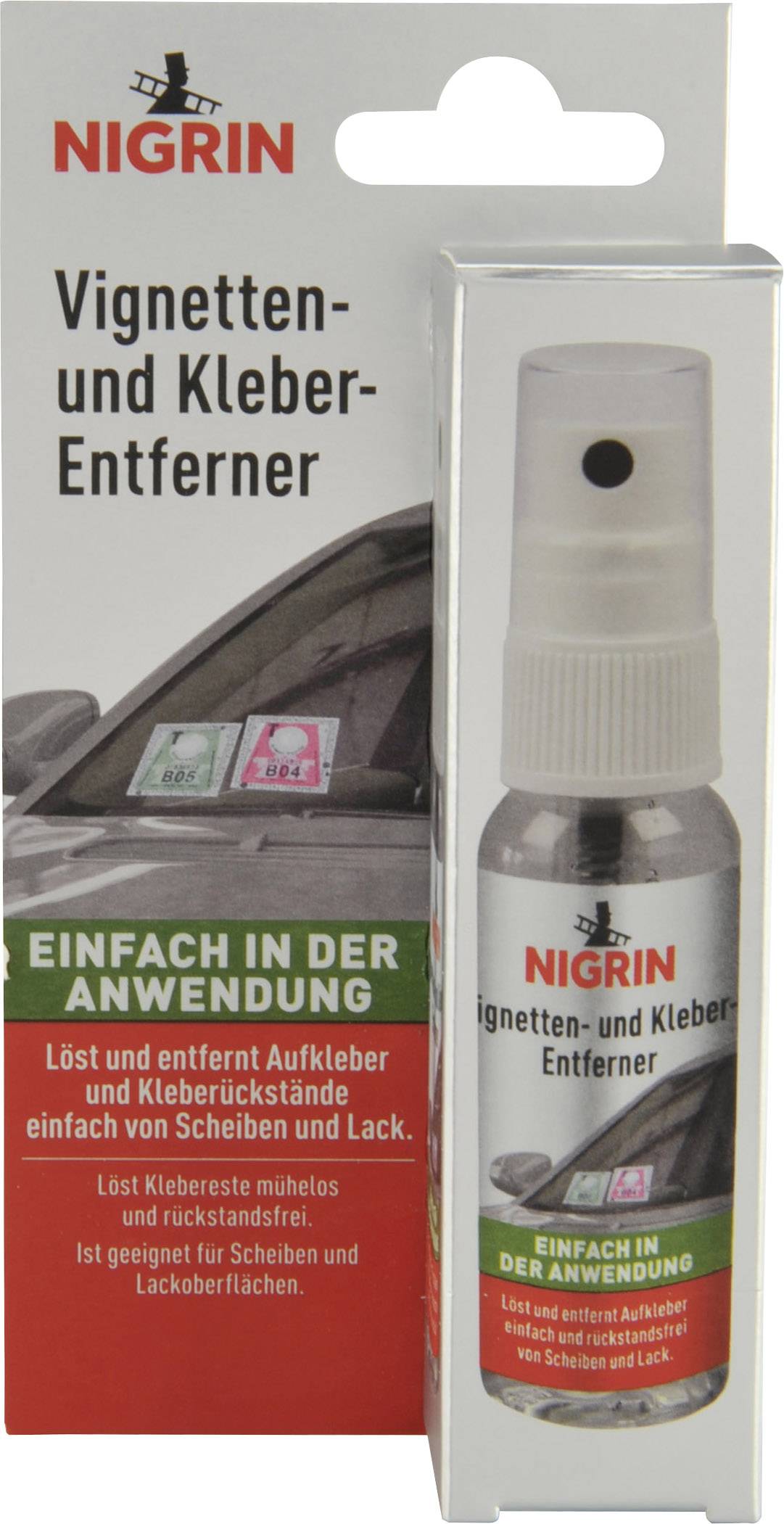 Emballage til en Nigrin mærkater- og klistermærkefjerner med sprayflaske. Fjerner klistermærker fra ruder og lakoverflader.