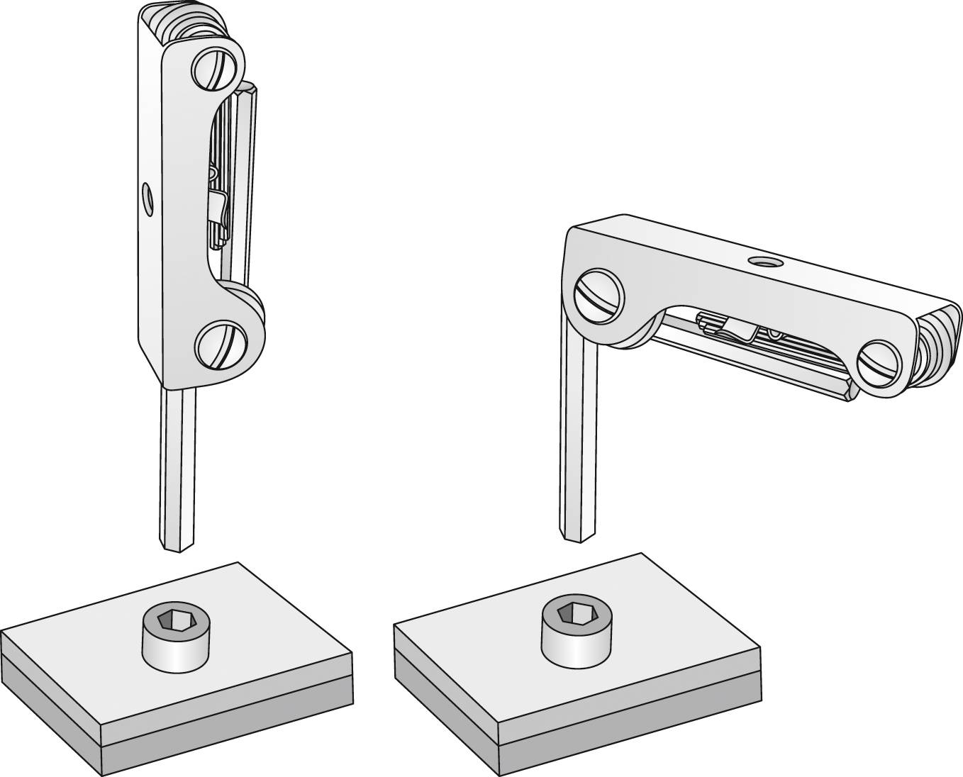 Et diagram viser to positioner af en klemmesamlings-mekanisme: en vertikal montering og en vandret svingbar position.