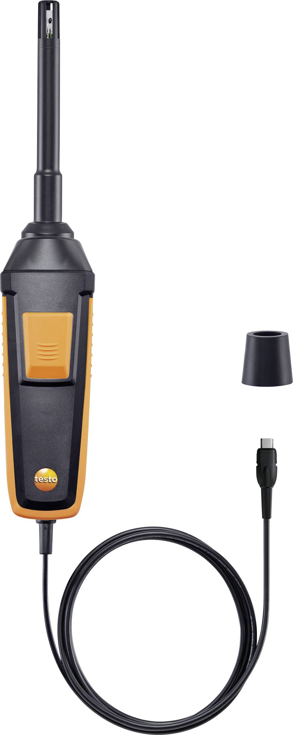 Digitalt klimamåleinstrument med lang målesonde, USB-tilslutning og central kontrolknap. Bruges til måling af luftkvalitet og temperatur.