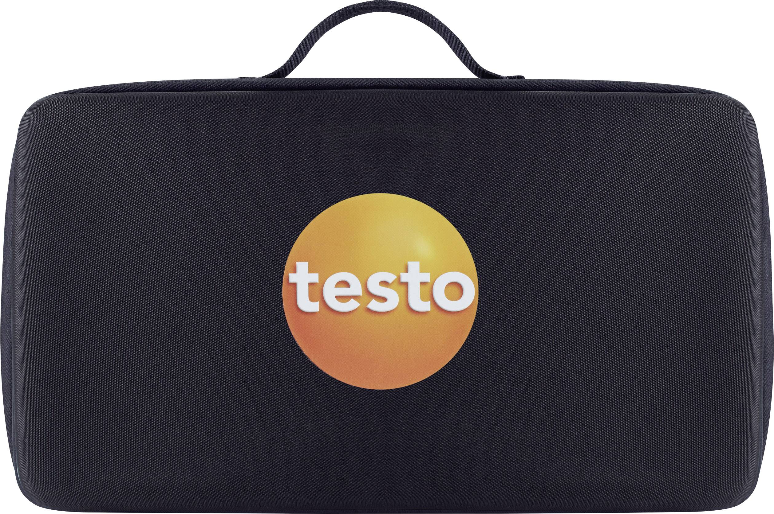 En sort bærepose med det orange logo 'testo' i midten.
