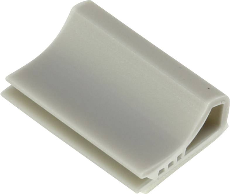 En grå plastikclips med buet overflade, sidegående åbning og flere slidser på undersiden.