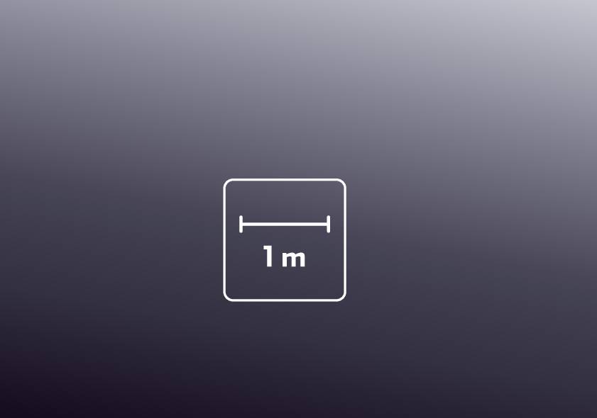 Et firkantet trafikskilt på grå baggrund angiver, at afstanden er 1 meter.