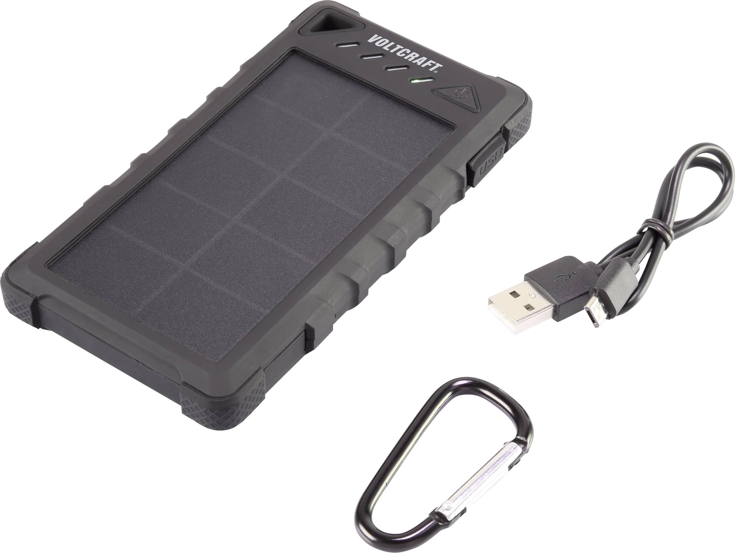 Bærbart solarladeapparat vist med USB-kabel og karabinhage. Enheden har et solarpanel til energiproduktion.