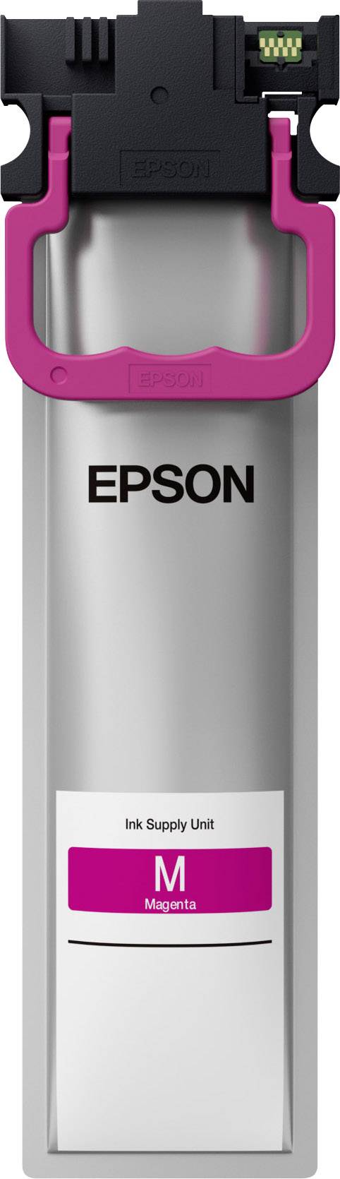 'Blækpatron til printer, mærke Epson, model Magenta. Egnet til Epson-printere, genkendeligt ved Epson-logoet og lyserød mærkning.'