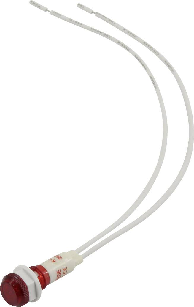 Rød LED-kontrollampe med to hvide forbindelsesledninger til elektriske kredsløb.
