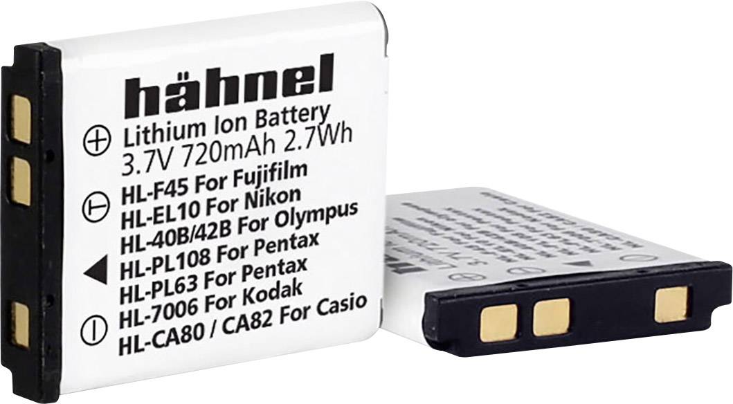 To henholdsvis Hähnel lithium-ion-batterier, 3,7V, 720mAh, kompatible med kameramodeller fra Fujifilm, Nikon, Olympus, Pentax, Kodak og Casio.