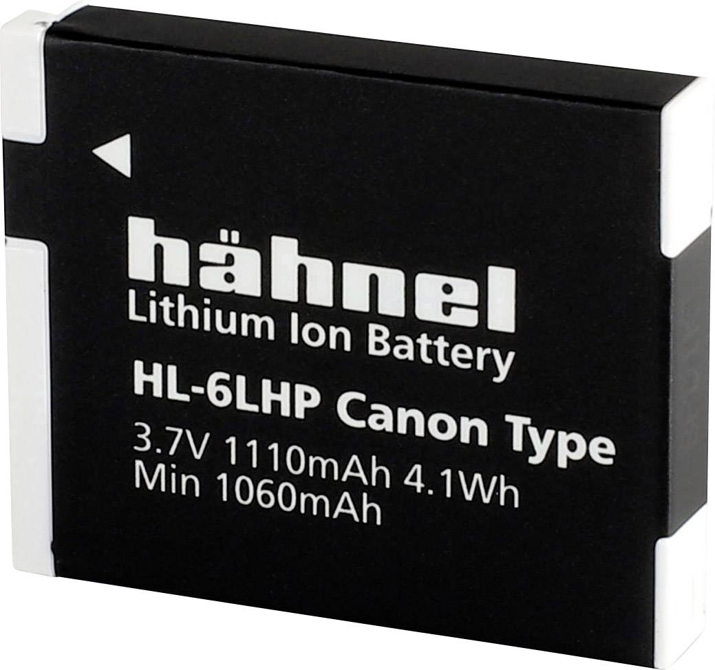 Sort Lithium-ion batteri med påskriften 'hähnel HL-6LHP Canon Type', kapacitet 1110mAh, 3,7V, 4,1Wh.