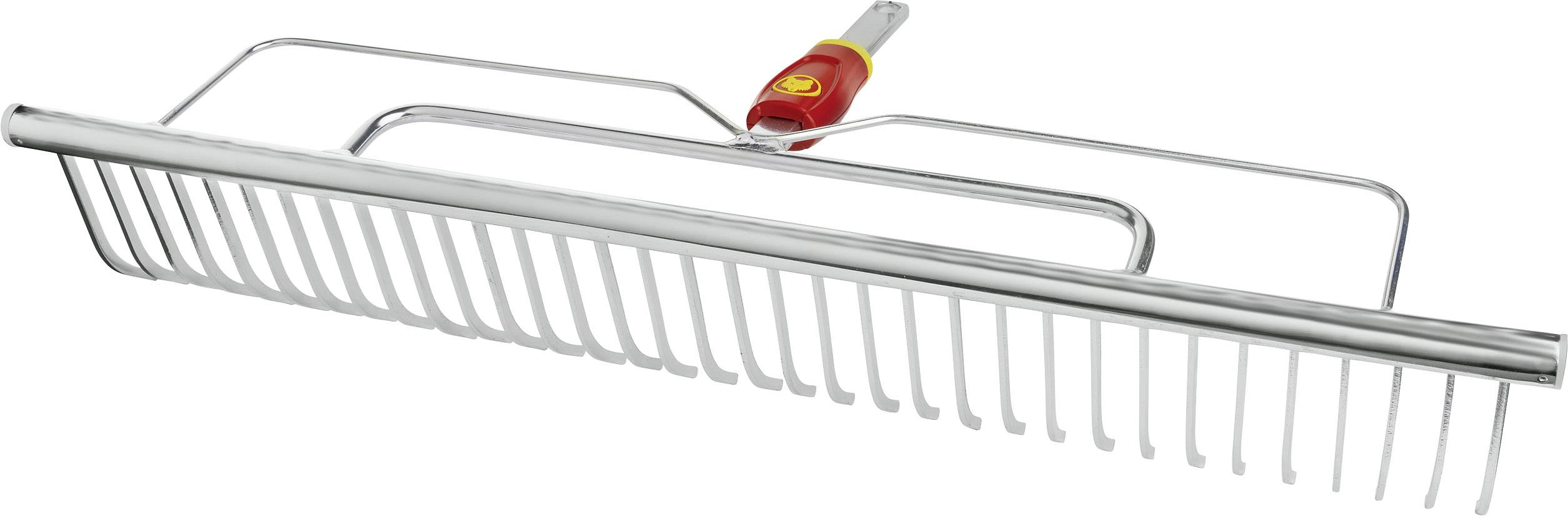 Metalrive med røde og gule elementer på håndtaget, bruges til fordeling af grus eller jord i haven.